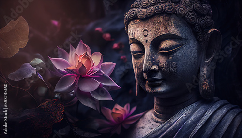 Generative AI illustration of abstract lifelike buddha, flowers, magic lighting, beautiful metallic and stone colors, detailed, natural lighting, natural environment.
