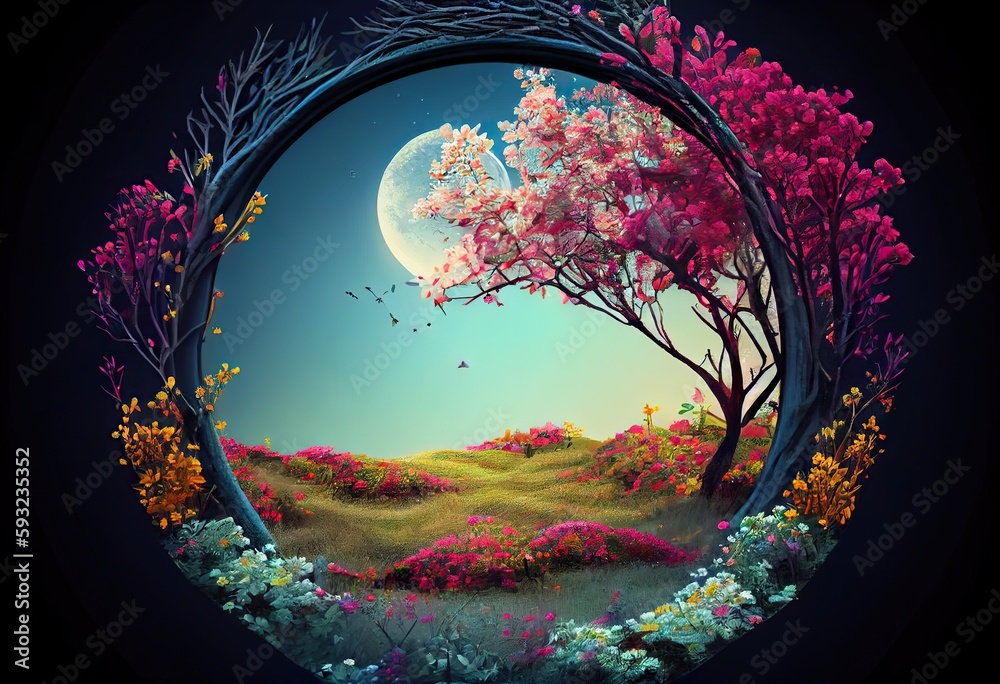 Naklejka premium Generative AI illustration of beautiful enchanted landscape. Magic meadow with spring blooming trees. Round frame with copy space in the middle . Fantasy garden background