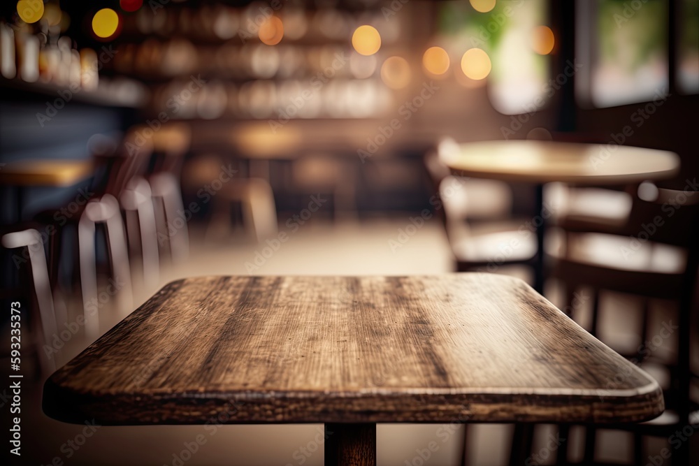 Generative AI illustration of blurred background of a cafe or restaurant features an empty wooden table Generative AI illustration of blurred background of a cafe or restaurant features an empty wooden table