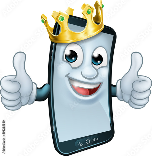 A mobile phone cartoon character mascot wearing a gold king crown and giving a double thumbs up.