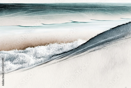 Beach and waves watercolor style, Coastal Scene watercolor, Emerald and Beige