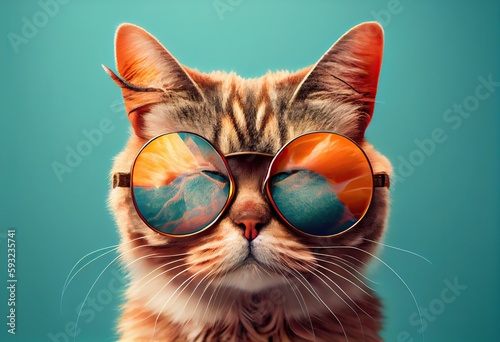 Generative AI illustration of closeup portrait of funny cat wearing sunglasses isolated on pastel background. surreal fantasy, copyspace