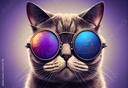 Generative AI illustration of closeup portrait of funny cat wearing sunglasses isolated on pastel background. surreal fantasy  copyspace