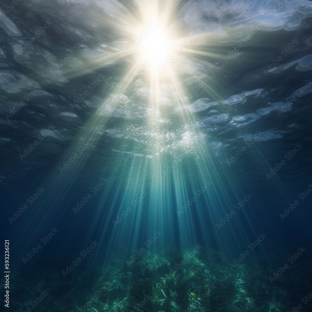 An underwater ocean illustration showing sun rays shining through the water surface on the sea bed below. A.I. Generated.
