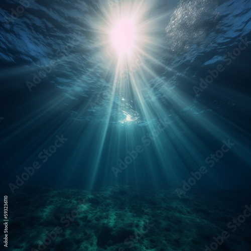 An underwater ocean illustration showing sun rays shining through the water surface on the sea bed below. A.I. Generated. 