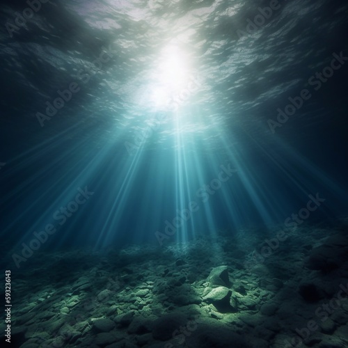 An underwater ocean illustration showing sun rays shining through the water surface on the sea bed below. A.I. Generated.  © JPDC