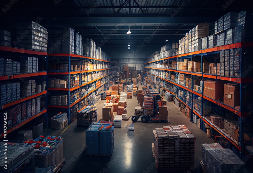 Generative AI illustration of huge distribution warehouse with high shelves, huge sales warehouse, hundreds of thousands of products, endless factory Generative AI illustration of huge distribution warehouse with high shelves, huge sales warehouse, hundreds of thousands of products, endless factory