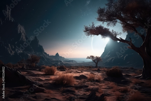 Extraterrestrial landscape, scenery of alien planet in deep space, generative AI