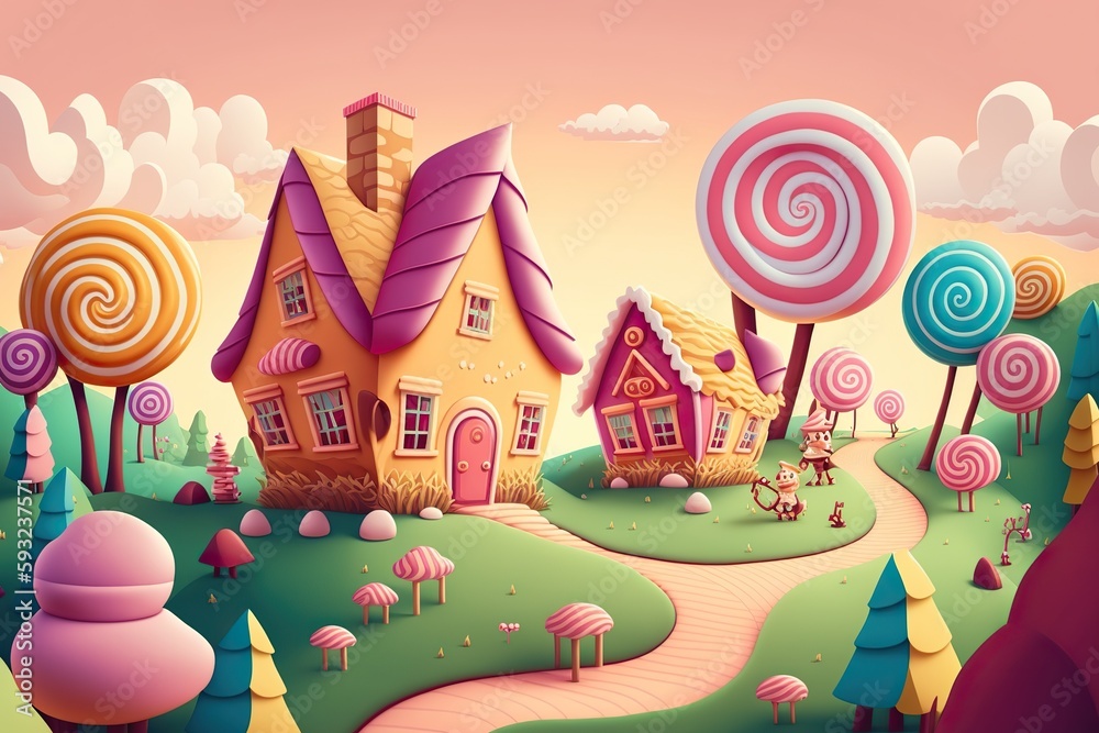 Generative AI illustration of a sweet and magical world with candy land landscape and gingerbread fantasy house Generative AI illustration of a sweet and magical world with candy land landscape and gingerbread fantasy house