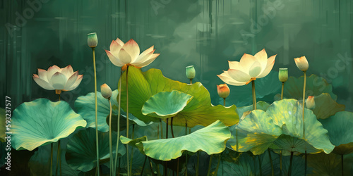 some glowing lotuses flowers on a green background, generative AI