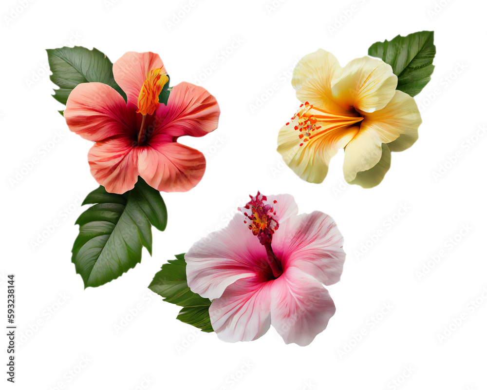 Colorful hibiscus rosa sinensis flowers with a transparent background.  Generative AI.