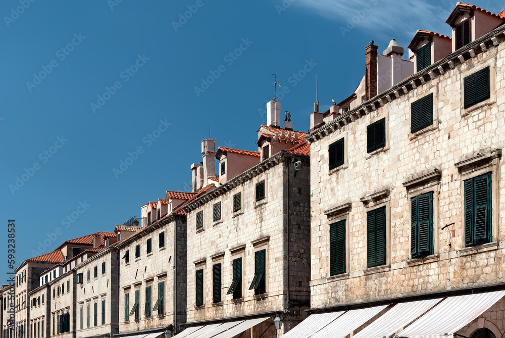 Buildings of a street in the of old walled city of Dubrovnik, Croatia