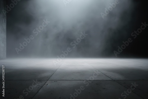 Generative AI illustration of black wall texture rough background dark concrete floor. Abstract dark blue background  smoke  smog. Empty dark scene  neon light  spotlights. Concrete floor