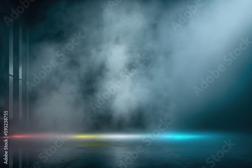 Generative AI illustration of black wall texture rough background dark concrete floor. Abstract dark blue background, smoke, smog. Empty dark scene, neon light, spotlights. Concrete floor