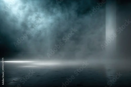 Generative AI illustration of black wall texture rough background dark concrete floor. Abstract dark blue background, smoke, smog. Empty dark scene, neon light, spotlights. Concrete floor