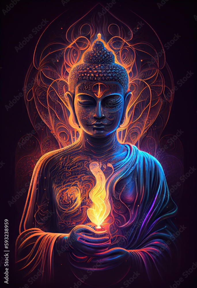 Generative AI illustration of buddha, aura of energy, surreal fantasy, light flashing, beautiful light spectrum, bright white lotus flower, burning cloud-like petals, seawater. Generative AI illustration of buddha, aura of energy, surreal fantasy, light flashing, beautiful light spectrum, bright white lotus flower, burning cloud-like petals, seawater.