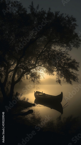 Misty woods by night , moon light in misty woods, boat in misty wood, created with generative IA Technology, generative IA, IA, Generative 