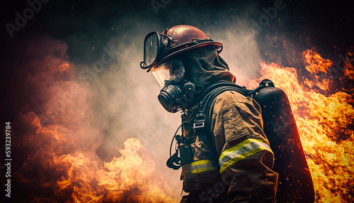 Firefighter training fireman walking in fire in flaming building 