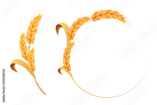 Set Wreath from spikelet, frame, border golden color wheat circle in cartoon style isolated on white background. For bakery, tags or labels