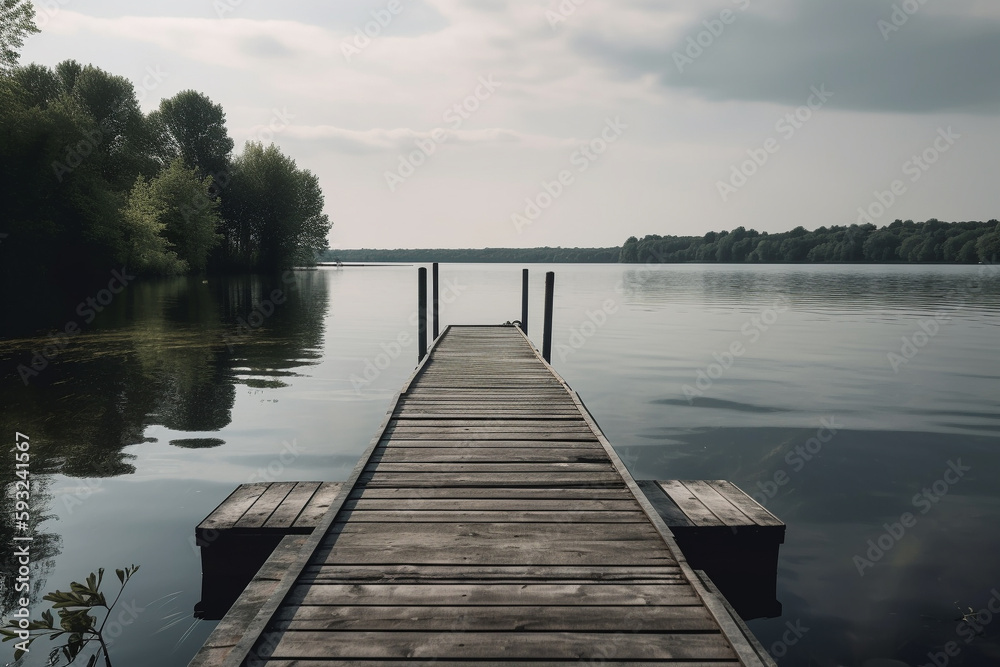 Dock at the Lake: Photo of Scenic Waterfront lake. Ai generated.