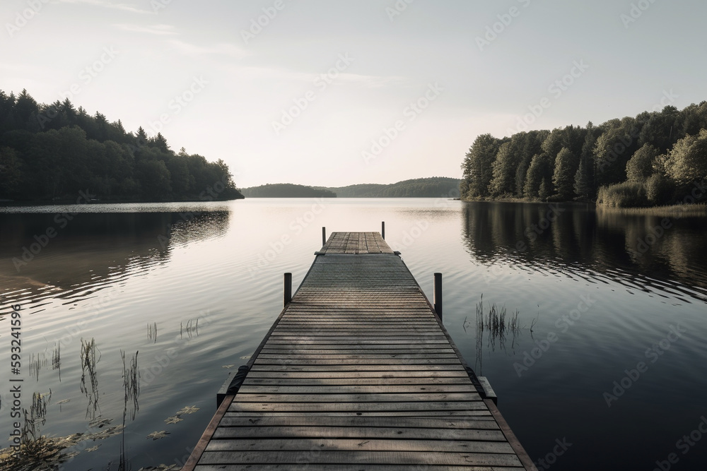 Fototapeta premium Dock at the Lake: Photo of Scenic Waterfront lake. Ai generated.