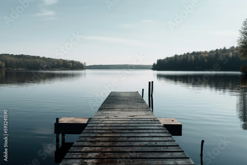 Dock at the Lake: Photo of Scenic Waterfront lake. Ai generated.