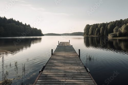 Dock at the Lake: Photo of Scenic Waterfront lake. Ai generated.