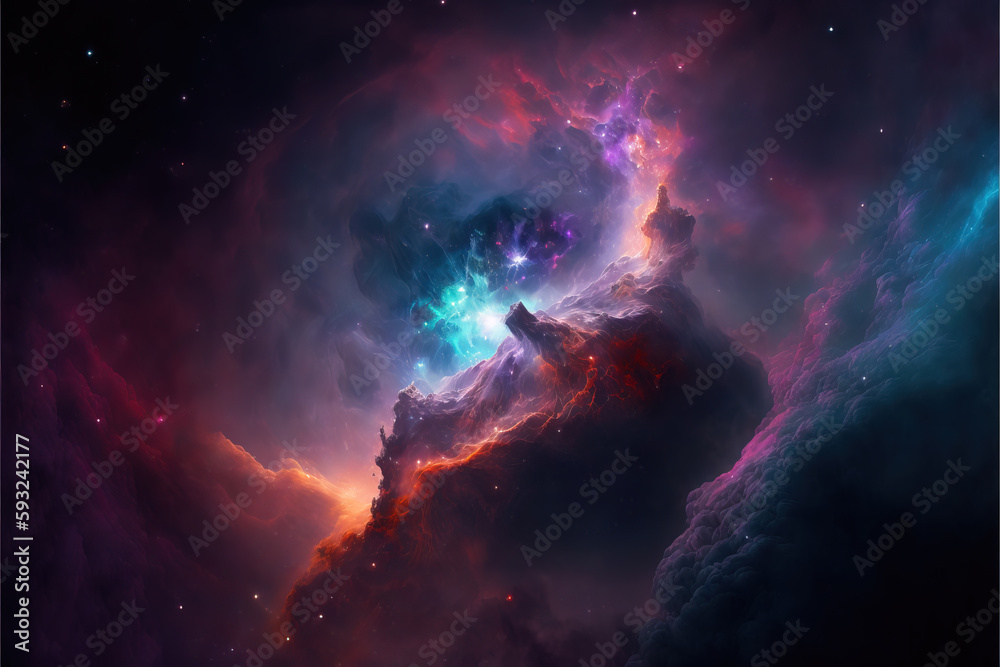 Purple, red and blue space with stars. Fantasy galaxy generative AI background