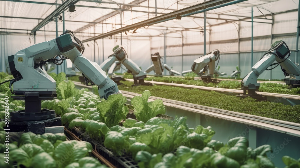Automated Greenhouse: Industrial Robotic Arms Cultivate Future of Agriculture, AI generative