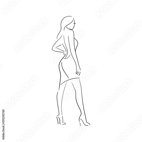 A beautiful young woman in a dress stands with her back. Stock illustration.