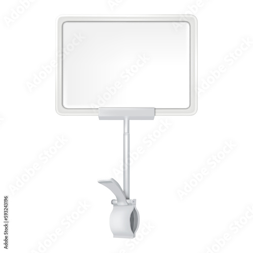 White blank pop display with clip realistic mock-up. Information shelf label tag for retail store vector mockup. Sign holder with clamp template for design