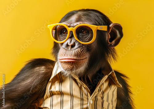 Cool monkey in sunglasses posing in front of a yellow background. Despite being in an unfamiliar environment, the animal feels good. AI generated illustration.
