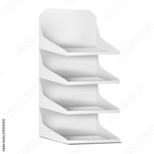 Display stand with shelves vector mockup. Blank white vertical rack realistic mock-up. Template for design