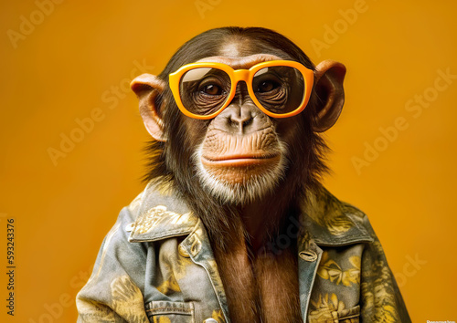 Print op canvas Cool monkey in sunglasses posing in front of a yellow background