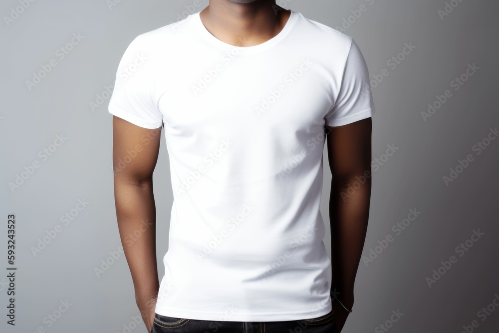Black man model wearing a plain white short sleeved t-shirt, isolated on a blank background. Mock-up, torso only. Generative AI illustration. Black man model wearing a plain white short sleeved t-shirt, isolated on a blank background. Mock-up, torso only. Generative AI illustration.