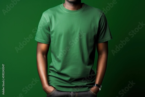 Black man model wearing a plain black short sleeved t-shirt, isolated on a blank background. Mock-up, torso only. Generative AI illustration.