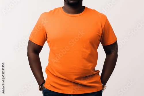 Black man model wearing a plain black short sleeved t-shirt, isolated on a blank background. Mock-up, torso only. Generative AI illustration.