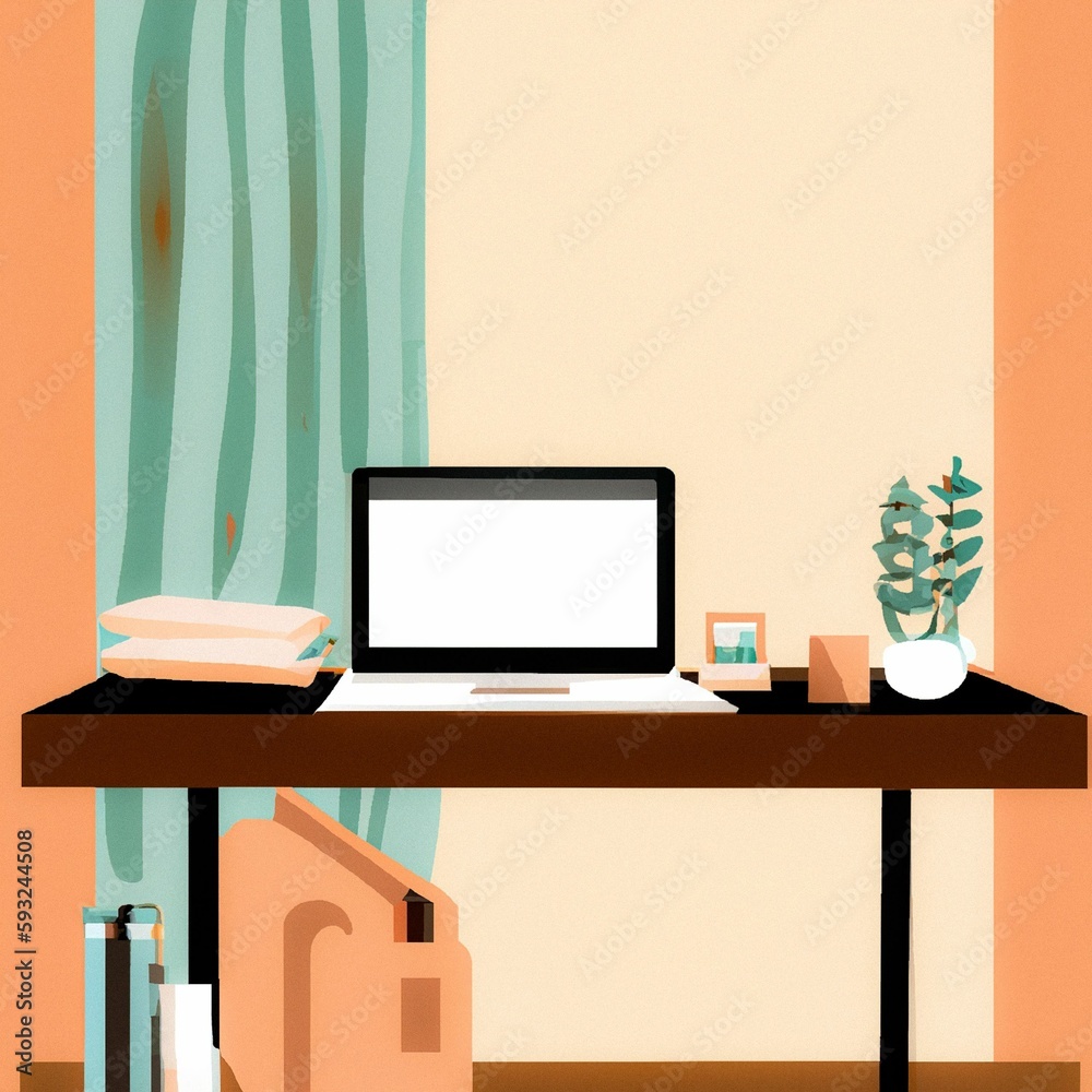 Fototapeta premium Illustration of a laptop books and a plant on a desk in a room