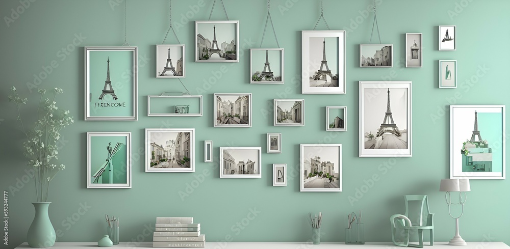 Photo of a gallery-style green wall adorned with a variety of framed photographs Photo of a gallery-style green wall adorned with a variety of framed photographs