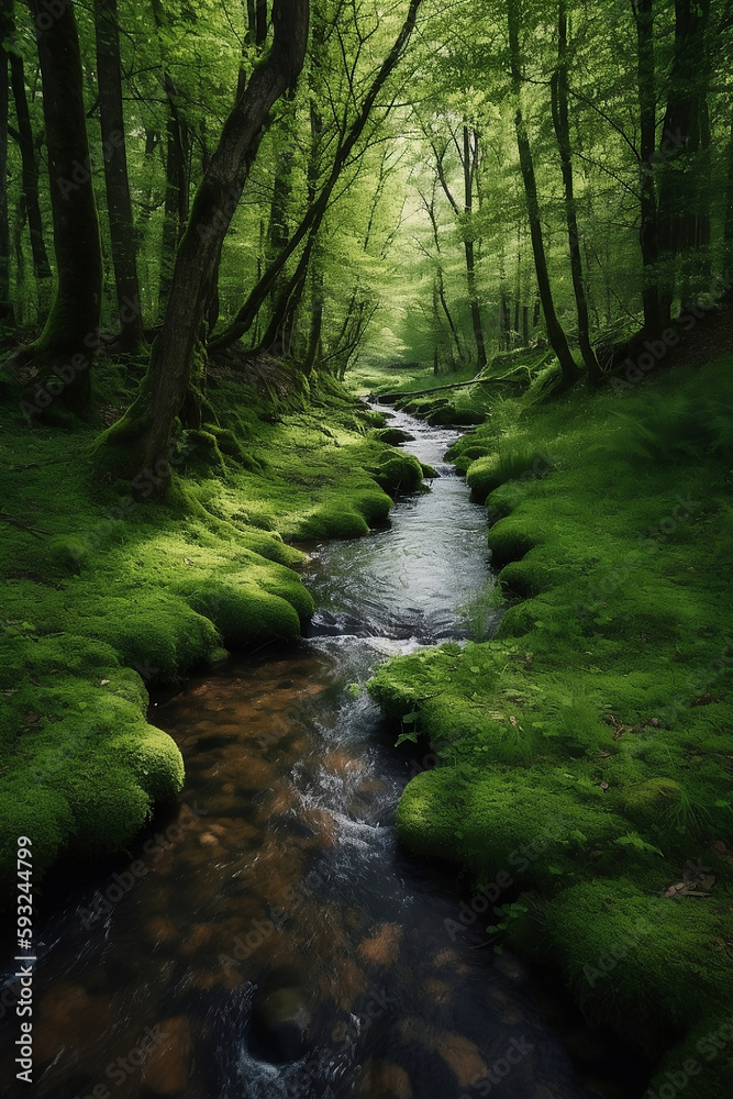 Obraz premium colorful green forest with stream
