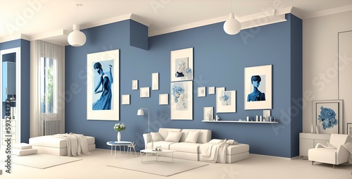 Photo of a modern living room with blue walls and white furniture
