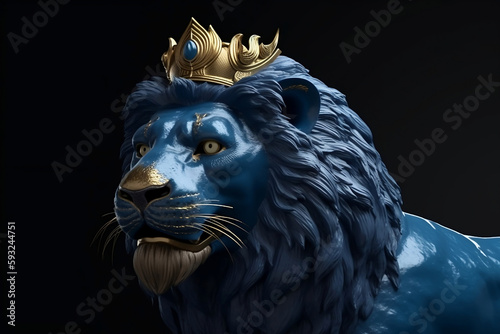 blue lion with golden crown on black background