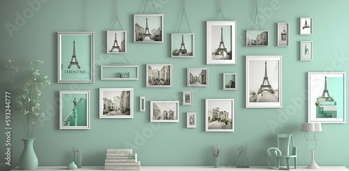 Photo of a gallery-style green wall adorned with a variety of framed photographs