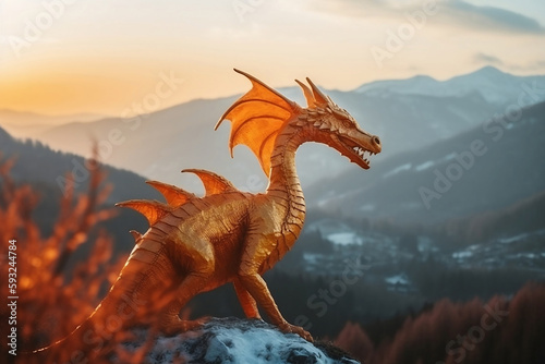 fantasy orange dragon on mountain landscape background © Maya Kruchancova