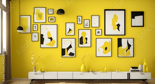 Photo of a cozy living room with yellow walls and beautiful wall decor