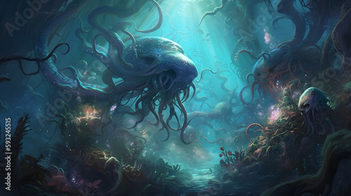 深海の幻想的な生態系 No.050 | Surreal Deep Sea Ecosystem Generative AI photo