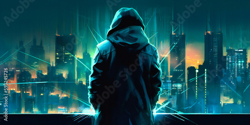 the dark silhouette of someone in a hoodie in front of a city background