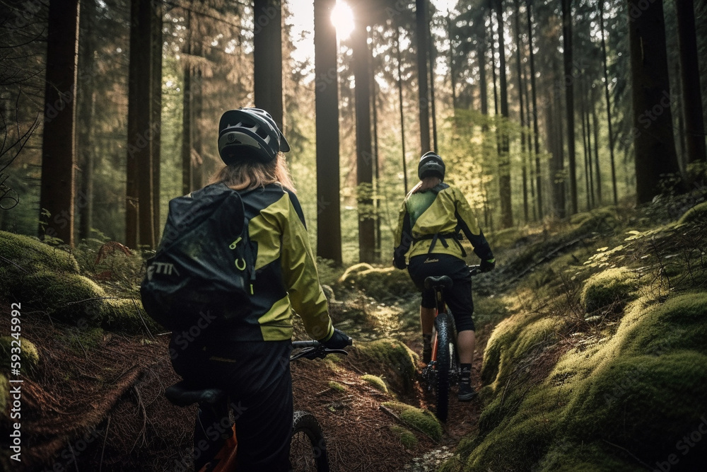 Biking in the Forest: illustration of Outdoor Adventure. Ai generated.