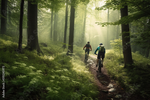 Biking in the Forest: illustration of Outdoor Adventure. Ai generated.