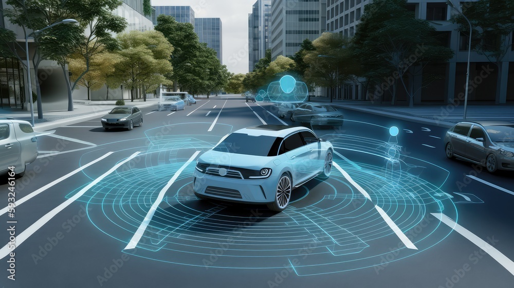 Smart car, self-driving fashion vehicle with radar signal system - obrazy, fototapety, plakaty 